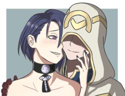 Rule 34 | 1boy, 1girl, bare shoulders, black nails, blush, brown eyes, choker, closed mouth, drawnonymous, fire emblem, fire emblem: three houses, fire emblem heroes, gloves, hand on another&#039;s face, hand on another&#039;s shoulder, highres, kiran (fire emblem), kiran (male) (fire emblem), looking at another, nail polish, nintendo, open mouth, shamir nevrand, smile, upper body