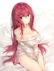 Rule 34 | 1girl, bare shoulders, breasts, cleavage, collarbone, fate/grand order, fate (series), highres, large breasts, long hair, looking at viewer, raised eyebrows, red eyes, red hair, ribbed sweater, scathach (fate), silver (chenwen), sitting, solo, sweater, thighs, turtleneck, turtleneck sweater, v arms, very long hair