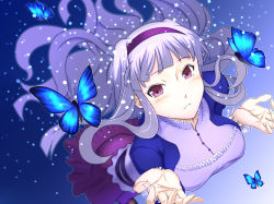 Rule 34 | 1girl, blurry, breasts, bug, butterfly, depth of field, dress, emanon123, female focus, gradient background, hairband, highres, idolmaster, idolmaster (classic), insect, large breasts, long hair, purple eyes, shijou takane, silver hair, solo