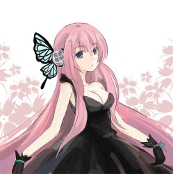Rule 34 | 1girl, bad id, bad pixiv id, breasts, bug, butterfly, butterfly hair ornament, cleavage, dress, gloves, hair ornament, bug, large breasts, long hair, magnet, magnet (vocaloid), megurine luka, pink hair, solo, tsukii, vocaloid