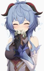 Rule 34 | 1girl, ^ ^, ahoge, bare shoulders, bell, black background, black gloves, blue hair, blush, breasts, chinese knot, closed eyes, commentary request, covering own mouth, detached sleeves, flower, flower knot, ganyu (genshin impact), genshin impact, gloves, highres, holding, holding flower, horns, long hair, looking at viewer, medium breasts, neck bell, purple eyes, qingxin flower, sera narumu, sidelocks, snowflakes, solo, upper body, vision (genshin impact), white flower, white sleeves