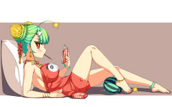 Rule 34 | 1girl, ahoge, animal hair ornament, animal print, anklet, bad id, bad tinami id, bare legs, bare shoulders, barefoot, bear print, blunt bangs, blush, bomb, book, bracelet, braid, braided bun, breasts, brown background, chinese clothes, cushion, double bun, dudou, earrings, english text, explosive, feet, fingernails, food, fruit, full body, green hair, hair bun, hair ornament, highres, holding, holding book, honihoni, jewelry, large breasts, legs, legs folded, looking at viewer, lying, mouth hold, nail polish, neck ring, on back, open book, original, pillow, plantar flexion, pocky, profile, reading, red eyes, red nails, shorts, sideboob, simple background, sleeveless, solo, star-shaped pupils, star (symbol), suisui (honihoni), symbol-shaped pupils, tassel, tassel earrings, themed object, thighs, toenail polish, toenails, two-tone background, watermelon