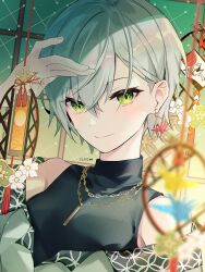 Rule 34 | 1girl, artist name, bird, black shirt, breasts, chain, chain necklace, circle, closed mouth, crane (animal), crossed bangs, earrings, flower, fusuma, gold necklace, green eyes, grey hair, grey jacket, hair behind ear, hand over face, highres, hinomori shiho, jacket, jewelry, kawaranu atatakasa no tonari de (project sekai), looking at viewer, necklace, off shoulder, official alternate costume, official alternate hairstyle, origami, paper crane, pixie cut, project sekai, red sun, shirt, short hair, single earring, single sidelock, sleeveless, sleeveless turtleneck, sliding doors, small breasts, smile, solo, turtleneck, upper body, white flower, yuhi (hssh 6)