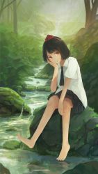 Rule 34 | 1girl, barefoot, black hair, black neckwear, black skirt, blouse, closed mouth, collared shirt, day, dorsiflexion, fjsmu, forest, full body, green theme, hand on own cheek, hand on own face, hat, head tilt, highres, looking at viewer, nature, on rock, outdoors, plantar flexion, pleated skirt, red eyes, red hat, ripples, rock, shameimaru aya, shirt, short hair, short sleeves, sitting, skirt, smile, solo, stream, tokin hat, touhou, tree, water, white shirt, white sleeves, wing collar