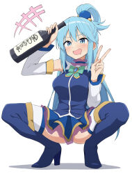 Rule 34 | 1girl, aqua (konosuba), arm up, ass, bare shoulders, blue eyes, blue hair, blue skirt, blue thighhighs, blush, boots, bottle, bow, bowtie, breasts, commentary, detached sleeves, drooling, gem, green bow, green bowtie, hair between eyes, hair ornament, hair rings, hand up, high heels, holding, holding bottle, kono subarashii sekai ni shukufuku wo!, large breasts, long hair, miniskirt, open mouth, revision, salpin, simple background, skirt, smile, solo, squatting, thighhighs, v, white background, white sleeves, white thighhighs