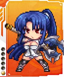 Rule 34 | 00s, 1girl, axe, bare shoulders, battle axe, blue hair, bodysuit, boots, breasts, card (medium), chibi, curvy, dress, elbow gloves, female focus, full body, gloves, holding, holding weapon, large breasts, long hair, no bra, panties, ponytail, red eyes, short dress, simple background, solo, source request, taimanin (series), taimanin asagi, taimanin asagi battle arena all card gallery, taimanin asagi kessen arena, taimanin murasaki, thighhighs, underwear, weapon, white panties, yatsu murasaki