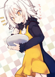 Rule 34 | &gt;:), 1girl, apron, beni shake, black jacket, blush, bowl, checkered background, closed mouth, fate/grand order, fate (series), fur-trimmed jacket, fur-trimmed sleeves, fur trim, hair between eyes, holding, holding bowl, jacket, jeanne d&#039;arc (fate), jeanne d&#039;arc alter (fate), jeanne d&#039;arc alter (ver. shinjuku 1999) (fate), long sleeves, looking away, mixing bowl, official alternate costume, smile, solo, translation request, v-shaped eyebrows, valentine, white hair, wicked dragon witch ver. shinjuku 1999, yellow apron, yellow eyes