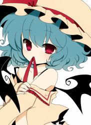 Rule 34 | 1girl, bad id, bad pixiv id, bare shoulders, bat wings, black bra, blue hair, bra, female focus, haru (kyou), hat, lingerie, midriff, mouth hold, off shoulder, open clothes, open shirt, red eyes, remilia scarlet, ribbon, ribbon in mouth, shirt, shirt down, solo, strap slip, touhou, underwear, undressing, upper body, wings