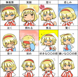 Rule 34 | 1girl, 8bit, alice margatroid, bad id, bad pixiv id, blonde hair, blue eyes, chart, chibi, expressions, female focus, hachi (8bit canvas), multiple views, text focus, touhou, translation request