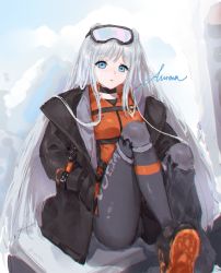 Rule 34 | 1girl, animal ears, ankle boots, arknights, aurora (arknights), aurora (polar catcher) (arknights), bear ears, black coat, black footwear, blue eyes, bodysuit, boots, character name, chinese commentary, coat, commentary request, goggles, goggles on head, grey hair, hands in pockets, highres, ichitata, knee pads, knees up, long hair, official alternate costume, open clothes, open coat, orange bodysuit, parted lips, sitting, solo, thighs, very long hair