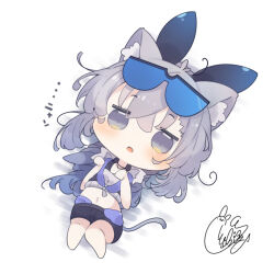 Rule 34 | animal ear fluff, animal ears, barefoot, beni shake, black ribbon, black shorts, breasts, cat ears, cat girl, cat tail, chibi, commentary request, full body, goggles, goggles on head, grey eyes, grey hair, hair ribbon, hands up, honkai: star rail, honkai (series), kemonomimi mode, long hair, navel, open mouth, paw pose, ribbon, shadow, shorts, signature, silver wolf (honkai: star rail), simple background, small breasts, tail, translation request, very long hair, white background
