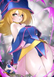 Rule 34 | 1girl, :3, ass, bare shoulders, blonde hair, blue leotard, blush, breasts, curvy, dark magician girl, duel monster, green eyes, hand on own hip, hat, heart, highleg, highleg leotard, highres, holding, holding staff, huge ass, jewelry, kashu (hizake), large breasts, leotard, long hair, magical girl, neck ring, pentagram, shiny skin, solo, staff, striped, sweatdrop, thighs, v-shaped eyebrows, very long hair, wide hips, wizard hat, yu-gi-oh!, yu-gi-oh! duel monsters