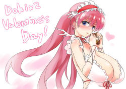 Rule 34 | 1girl, bare shoulders, biyondo, blue eyes, blush, breasts, cleavage, english text, female focus, hair ornament, happy valentine, haramura nodoka, headdress, heart, holding, huge breasts, long hair, long twintails, neck ribbon, nose blush, open mouth, pink hair, pink theme, ribbon, sagging breasts, saki (manga), solo, standing, twintails, upper body, valentine, white background