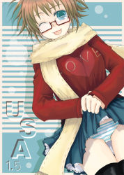 Rule 34 | :p, ;p, black thighhighs, blue eyes, blue panties, brown hair, clothes lift, frills, glasses, lifted by self, long sleeves, lying, miniskirt, on back, one eye closed, original, panties, sakurai unan, scarf, short hair, skirt, skirt lift, solo, striped clothes, striped panties, sweater, thigh gap, thighhighs, thighs, tongue, tongue out, underwear, wink