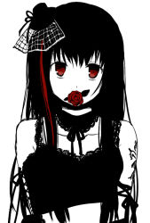 Rule 34 | 1girl, arm ribbon, bare shoulders, black dress, black hair, choker, dress, female focus, flower, gloves, gothic lolita, hair ornament, hat, j-rock, lace, lolita fashion, long hair, looking at viewer, mini hat, mini top hat, mouth hold, multicolored hair, pitsuuta, red eyes, ribbon, rose, simple background, solo, straight hair, tattoo, top hat, two-tone hair, white background, yousei teikoku, yui (yousei teikoku)