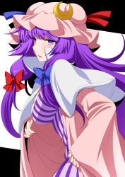 Rule 34 | 1girl, breasts, capelet, coat, crescent, dress, eichi yuu, hair ribbon, hat, large breasts, long hair, long sleeves, mob cap, open clothes, open coat, patchouli knowledge, purple dress, purple eyes, purple hair, ribbon, solo, striped clothes, striped dress, touhou, tress ribbon, very long hair, wide sleeves