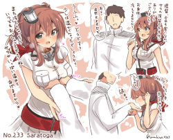 Rule 34 | 10s, 1boy, 1girl, admiral (kancolle), artist name, ascot, belt, blue eyes, grabbing another&#039;s breast, breast hold, breast pocket, breasts, breath, brown hair, dress, expressions, grabbing, guided breast grab, guiding hand, hetero, kantai collection, long hair, military, military uniform, naval uniform, no eyes, numbered, pocket, ponytail, red ascot, saratoga (kancolle), side ponytail, suzuki toto, translation request, twitter username, uniform, white dress