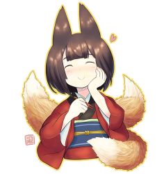 Rule 34 | 1girl, ^ ^, animal ears, blush, closed eyes, closed mouth, commentary request, cropped torso, facing viewer, fork, fox ears, fox girl, fox tail, hand on own face, hands up, heart, holding, holding fork, japanese clothes, kimono, kitsune, kukuri (mawaru), long sleeves, mawaru (mawaru), obi, original, outline, red kimono, sash, simple background, solo, tail, upper body, white background, wide sleeves, yellow outline