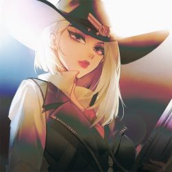 Rule 34 | 1girl, ashe (overwatch), asymmetrical hair, cowboy hat, earrings, gun, hat, jewelry, lips, lipstick, makeup, medium hair, mole, mole above mouth, nail polish, necktie, overwatch, overwatch 1, red lips, road 233, shirt, short hair, solo, stud earrings, vest, weapon, white hair