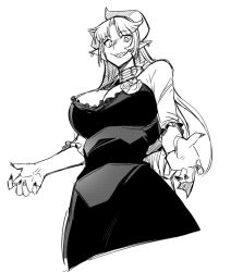 Rule 34 | 1girl, black dress, breasts, character request, cleavage, dress, fingernails, flower, fukumaaya, greyscale, grin, high ponytail, horns, large breasts, long fingernails, long hair, monochrome, nail polish, pointy ears, rose, sharp fingernails, sharp teeth, simple background, smile, solo, teeth, white background