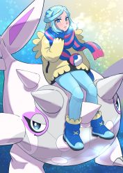 Rule 34 | 1boy, absurdres, aqua eyes, aqua hair, blue footwear, blue mittens, blue scarf, blush, boots, breath, cetitan, commentary request, creatures (company), game freak, grusha (pokemon), hand up, highres, jacket, long sleeves, looking at viewer, male focus, mittens, nintendo, pants, parted lips, poke ball print, pokemon, pokemon sv, riding, riding pokemon, scarf, sheyona, sitting, spikes, yellow jacket