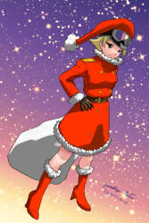 Rule 34 | 1girl, blonde hair, brown eyes, christmas, erwin (girls und panzer), full body, girls und panzer, gloves, goggles, hat, holding, holding sack, looking at viewer, matsui yasutsugu, one-hour drawing challenge, red footwear, sack, santa costume, santa hat, signature, simple background, smile, solo, star (symbol), starry background