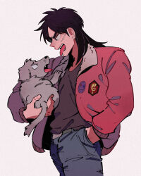 Rule 34 | 1boy, animal, belt, black belt, black eyes, black hair, black shirt, bomber jacket, brown jacket, commentary request, cowboy shot, dog, facial scar, fang, grey background, grey pants, hand in pocket, highres, holding, holding animal, holding dog, inudori, itou kaiji, jacket, kaiji, long hair, long sleeves, male focus, medium bangs, open clothes, open jacket, open mouth, pants, parted bangs, scar, scar on cheek, scar on face, shirt, simple background, solo, teeth, tongue, tongue out