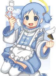Rule 34 | :d, alternate costume, angel wings, arawi keiichi (style), blue dress, blue eyes, blue hair, blush, cloud, cloudy sky, collared dress, cube hair ornament, detached wings, dress, fish (food), floating, frilled dress, frilled thighhighs, frills, hair ornament, halo, high collar, highres, kyoto animation, long sleeves, naganohara mio, naganoharamiomio, nichijou, open mouth, pointing, rabbit, short twintails, sky, smile, thighhighs, twintails, white thighhighs, wings
