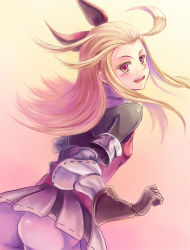 Rule 34 | 1girl, ass, blonde hair, blush, bow, bravely default: flying fairy, bravely default (series), brown hair, dress, edea lee, gloves, hair bow, long hair, looking at viewer, looking back, open mouth, pantyhose, shouma (bravespiritya), smile, white pantyhose