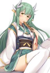 Rule 34 | 1girl, absurdres, closed mouth, fate/grand order, fate (series), folding fan, green hair, hand fan, hand up, highres, holding, holding fan, horns, japanese clothes, kiyohime (fate), legs together, long hair, maosame, sash, simple background, sitting, smile, solo, thighhighs, thighs, white background, white thighhighs, yellow eyes