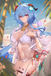 Rule 34 | ahoge, bare shoulders, beach, bikini, blue hair, breasts, cleavage, commentary request, ganyu (genshin impact), genshin impact, hair between eyes, highres, horns, kaji zarame, large breasts, long hair, looking at viewer, palm tree, partial commentary, red eyes, short sleeves, smile, swimsuit, thigh strap, thighs, tree, very long hair, white bikini