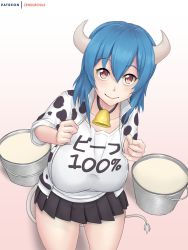 Rule 34 | 1girl, blue hair, blush, breasts, cow girl, cow horns, cow tail, highres, horns, jashin-chan dropkick, large breasts, milk, minos (jashin-chan dropkick), red eyes, short hair, solo, tail, translated, zen cross