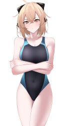 Rule 34 | 1girl, absurdres, ahoge, bare shoulders, black bow, black one-piece swimsuit, blonde hair, blue one-piece swimsuit, blush, bow, breasts, cleavage, collarbone, competition swimsuit, covered navel, crossed arms, fate/grand order, fate (series), hair bow, highleg, highleg swimsuit, highres, koha-ace, large breasts, looking at viewer, nigori (keydoor), okita souji (fate), okita souji (koha-ace), one-piece swimsuit, short hair, solo, swimsuit, thighs, two-tone swimsuit, yellow eyes