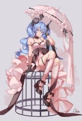 Rule 34 | 1girl, arm strap, arm up, bad id, bad pixiv id, bare shoulders, black bow, black footwear, black gloves, black neckwear, black ribbon, blue eyes, blue hair, blush, bow, breasts, cage, choker, cleavage, closed mouth, commentary request, cross-laced clothes, cross-laced legwear, crown, curly hair, dress, dress bow, flower, frilled umbrella, frills, full body, gloves, grey background, hair between eyes, hair ornament, hand on own head, hatsune miku, high heels, highres, kneehighs, legs up, long dress, long hair, looking at viewer, medium breasts, mini crown, pink dress, pink flower, pink socks, pink umbrella, qie, ribbon, sideways glance, simple background, sitting, sleeveless, socks, solo, spaghetti strap, thigh strap, twintails, umbrella, vocaloid