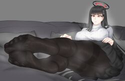 Rule 34 | 1girl, black hair, black pantyhose, blue archive, breasts, couch, feet, highres, ishtar n, large breasts, long hair, pantyhose, red eyes, rio (blue archive), soles, steam, toes, turtleneck