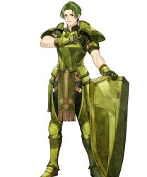 Rule 34 | 1boy, armor, armored boots, boots, fire emblem, fire emblem echoes: shadows of valentia, fire emblem heroes, forsyth (fire emblem), full body, gloves, green armor, green eyes, green hair, highres, male focus, nintendo, official art, shield, solo, transparent background