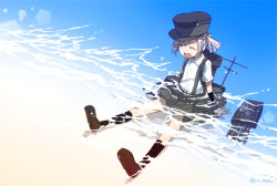 Rule 34 | 10s, 1girl, :d, ^ ^, arm warmers, bad id, bad pixiv id, black socks, closed eyes, closed eyes, hat, kantai collection, kneehighs, machinery, ocean, ooshio (kancolle), open mouth, partially submerged, purple hair, rin (royal), school uniform, shirt, short hair, sitting, skirt, smile, socks, solo, suspenders, twintails, twitter username, water, wet, white shirt