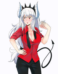 Rule 34 | 1girl, absurdres, black legwear, blouse, blush, breasts, cleavage, collared shirt, crown, demon tail, fanning face, fanning self, hand on own hip, helltaker, highres, horns, long hair, looking to the side, loose necktie, lucifer (helltaker), necktie, red eyes, red shirt, shirt, sleeves rolled up, solo, sweat, tail, undone necktie, untold, white background, white hair