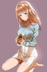Rule 34 | 1girl, alcohol, bare legs, barefoot, beer, blue shirt, breasts, brown hair, chigarashi mahina, closed mouth, cup, green eyes, grey background, highres, holding, holding cup, large breasts, long hair, looking at viewer, miniskirt, nagashii kouhei, scary campus college university, shirt, simple background, sitting, skirt, smile, solo, wariza, white skirt