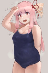 Rule 34 | 1girl, @ @, absurdres, blush, breasts, competition school swimsuit, fat, highres, kotonoha akane, long hair, looking at viewer, medium breasts, nose blush, open mouth, oruka (kamituki0827), pink hair, plump, red eyes, school swimsuit, simple background, solo, standing, steaming body, swimsuit, thick arms, translation request, vocaloid