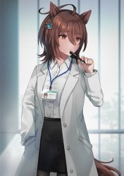 Rule 34 | 1girl, aged up, agnes tachyon (umamusume), ahoge, animal ears, blouse, brown hair, collared shirt, commentary request, hair between eyes, hair ornament, horse ears, horse girl, horse tail, id card, lab coat, nazuka (mikkamisaki), pantyhose, pen, pen to mouth, red eyes, shirt, short hair, solo, tail, thighhighs, umamusume, white shirt