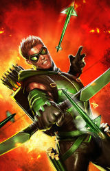 Rule 34 | 1boy, arrow (projectile), bow (weapon), dc comics, gloves, gradient background, green arrow, green arrow (series), hood, male focus, mask, oliver queen, quiver, smile, solo, vambraces, weapon