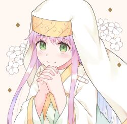Rule 34 | 1girl, blush, fingernails, flat chest, floral background, gold trim, green eyes, habit, index (toaru majutsu no index), leaning forward, light smile, long hair, long sleeves, nun, own hands clasped, own hands together, portrait, praying, remoa, robe, safety pin, solo, standing, toaru majutsu no index, white robe, yellow background