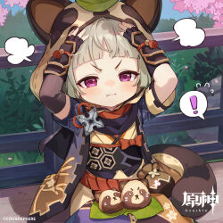 Rule 34 | !, 1girl, absurdres, animal ear hood, animal ears, animal hood, annoyed, arms up, artist request, bench, black gloves, black scarf, blunt bangs, brown hair, brown kimono, fake animal ears, fake tail, fingerless gloves, food, genshin impact, gloves, hands on own head, highres, hood, japanese clothes, kimono, leaf, leaf on head, obi, official art, outdoors, pouch, pout, purple kimono, raccoon ears, raccoon tail, red eyes, sash, sayu (genshin impact), scarf, short hair, short sleeves, shuriken, sitting, solo, spoken exclamation mark, tail, two-tone kimono, weapon, yellow kimono