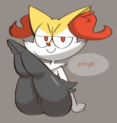 Rule 34 | 1girl, animal ear fluff, animal ears, animal nose, arm support, ass, black fur, body fur, braixen, closed mouth, creatures (company), english text, female focus, fox ears, fox girl, full body, furry, furry female, game freak, gen 6 pokemon, grey background, half-closed eyes, happy, highres, jitome, leaning back, legs together, legs up, looking at viewer, nintendo, no pussy, pokemon, pokemon (creature), red eyes, simple background, sitting, smile, solo, speech bubble, sweat, talking, thick thighs, thighs, v-shaped eyebrows, vilepluff, white fur, yellow fur