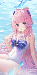 Rule 34 | 1girl, absurdres, adapted costume, alternate costume, arm support, blue sky, blunt bangs, blurry, bow-shaped hair, breasts, cleavage, clothing cutout, commentary, depth of field, english commentary, genshin impact, gradient hair, highres, in water, long hair, looking at viewer, low twintails, medium breasts, multicolored hair, navel, navel cutout, one-piece swimsuit, outdoors, parted lips, pink hair, purple eyes, sangonomiya kokomi, shallow water, sidelocks, sitting, sky, sleeveless, solo, swimsuit, thick eyebrows, twintails, two-tone hair, vision (genshin impact), water, wet, wet clothes, wet swimsuit, white one-piece swimsuit, zx961219