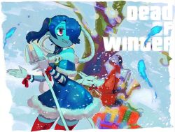Rule 34 | 1boy, 1girl, alternate color, bell, big band, blue hair, blue skin, christmas, christmas present, colored skin, gift, highres, keep charge, leviathan (skullgirls), microphone, microphone stand, red eyes, ribbon, side ponytail, skirt, skullgirls, snow, squigly (skullgirls), stitched mouth, stitches, striped, thighhighs