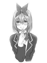 Rule 34 | 1girl, blazer, blush, closed mouth, clover, cropped torso, four-leaf clover, go-toubun no hanayome, greyscale, hair between eyes, hair ribbon, hand up, highres, holding, holding clover, jacket, long sleeves, looking at viewer, monochrome, neck ribbon, ribbon, school uniform, short hair, simple background, smile, solo, upper body, white background, yu (flowerbird3830)