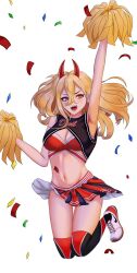 1girl black_thighhighs blonde_hair breasts caligoyaro chainsaw_man cleavage confetti crop_top cross-shaped_pupils demon_girl demon_horns highres horns long_hair medium_breasts navel nike_(company) open_mouth pom_pom_(cheerleading) power_(chainsaw_man) red_horns red_skirt sharp_teeth shoes simple_background skirt sneakers solo symbol-shaped_pupils teeth thighhighs white_background yellow_eyes