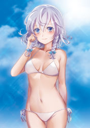Rule 34 | 1girl, arm behind back, bare arms, bare shoulders, bikini, blue bow, blue eyes, blue sky, blush, bow, braid, breasts, cloud, collarbone, commentary request, cowboy shot, day, hair between eyes, hair bow, hand in own hair, hand up, izayoi sakuya, looking at viewer, medium breasts, navel, outdoors, primary stage, short hair, side-tie bikini bottom, silver hair, sky, smile, solo, sparkle, standing, stomach, swimsuit, thighs, touhou, twin braids, white bikini